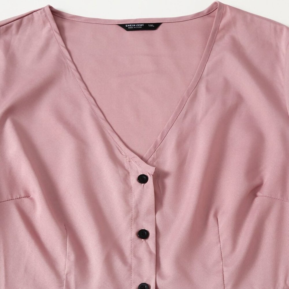 Pink Solid Button Front Dress - Picture 3 of 4